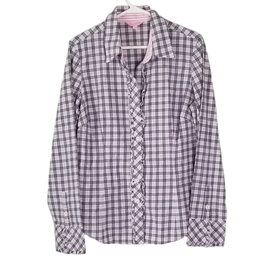 Lilly Pulitzer Green/Pink Plaid Print Button Down Ruffle Detail Shirt Size 12